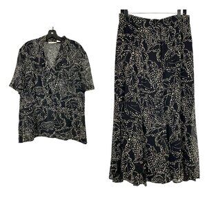Dana Buchman Womens 100% Silk Floral Print Blouse & Skirt Set Size 14 Black & Wh